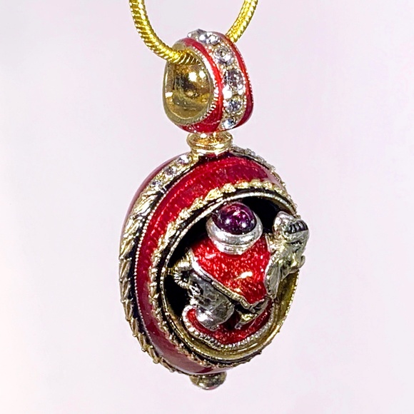 ELEPHANT STERLING SILVER Red Enamel Faberge Egg Pendant Garnets Swarovski Gold - Picture 4 of 4